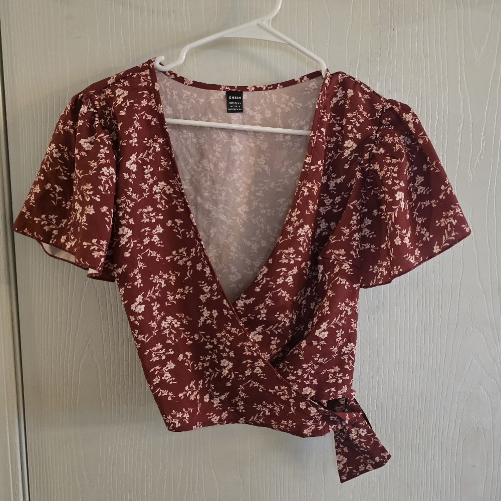 Burgundy Floral Wrap Side Tie Blouse